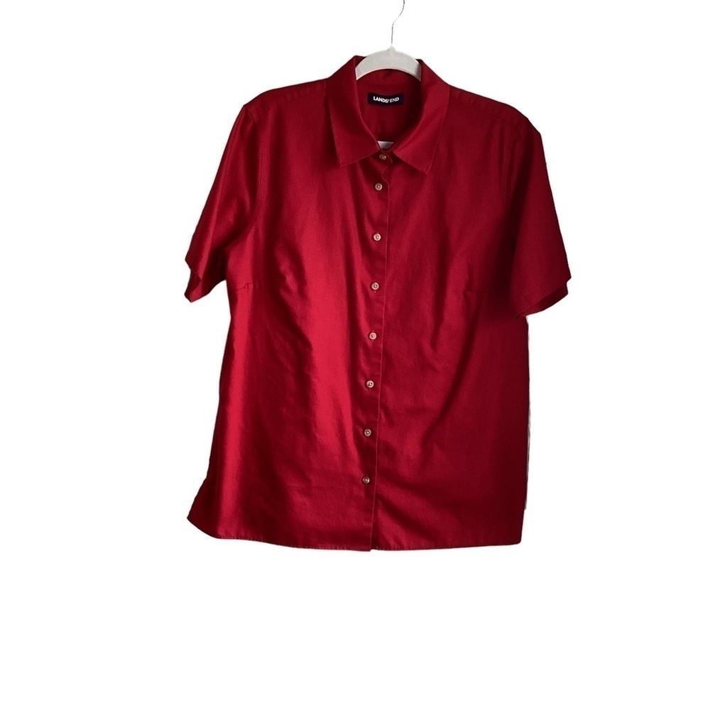 Lands End Women’s Red Short Sleeved Button Up Blouse.  10-12?